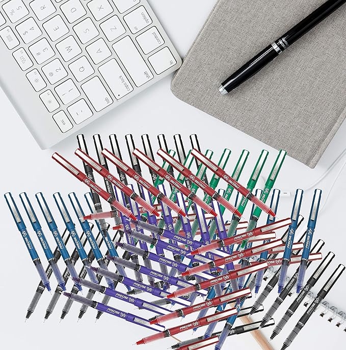 Precise V7 Stick Rolling Ball Pens, Fine Point (.7mm), Red Ink, 3-pk; Bundle with Plastic Reusable Pouch