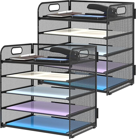 Supeasy 2 Pack 5-Tier Desk Organizer with Handle Mesh Desk File/Paper Organizer Letter Tray for Office, School and Home Easy Installation, Black