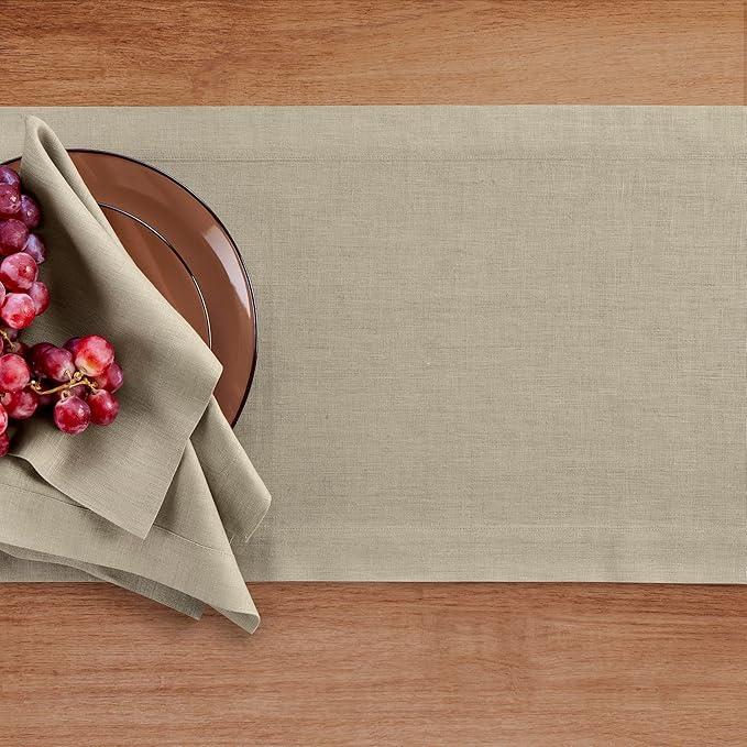 Solino Home Linen Table Runner 60 Inches - 100% Pure Linen Vintage Khaki Table Runner 14 x 60 Inch Ideal for Dresser and Coffee Tables - Fall, Autumn, Thanksgiving - Fete