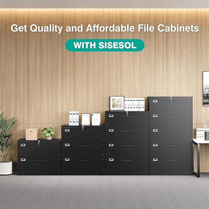 SISESOL 3 Drawer Lateral File Cabinet with Lock,Black Lateral Filing Cabinet,Horizontal Metal Filing Cabinet,Locked Wide Three Drawer File Cabinet for Office Home,Fit A4/F4/Letter/Legal File