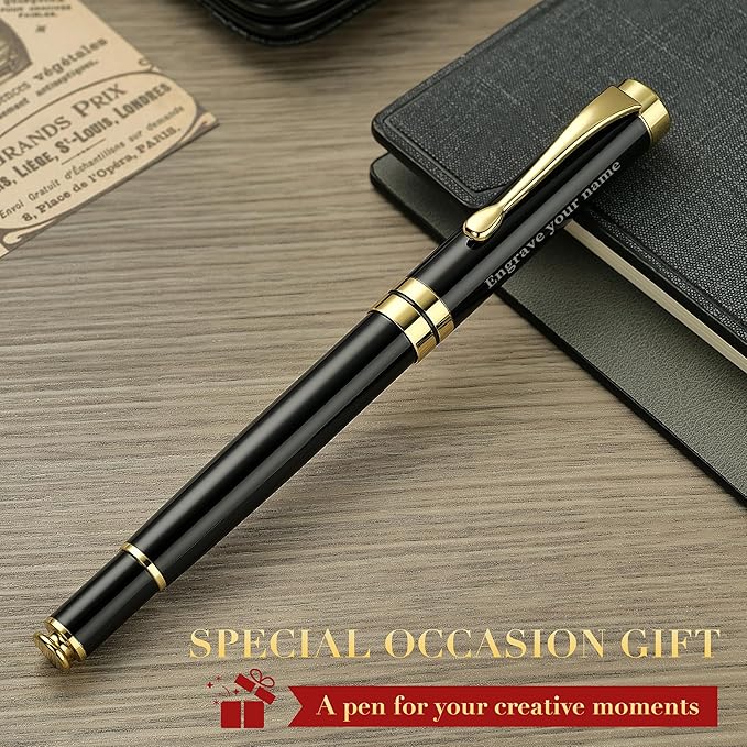 BEILUNER Personalized Ballpoint Pens, Stunning Black Chrome Metal Pen with Golden Trim, Best Ball Pen Gift Set for Men & Women, Executive, Office, Nice Pens-Gift Box with 0.5mm Black Extra Refill