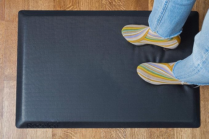 Rocelco 46" Large Height Adjustable Standing Desk Converter with Anti Fatigue Mat BUNDLE - Quick Sit Stand Up Triple Monitor Riser - Retractable Keyboard Tray - Black (R DADRB-46-MAFM)