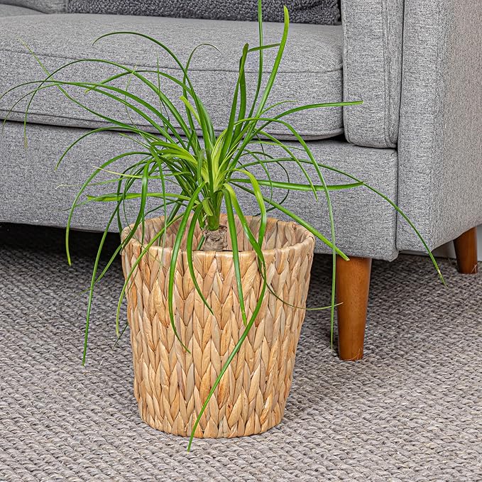 Household Essentials Handwoven Round Water Hyacinth Waste Basket with Plastic Liner, Natural