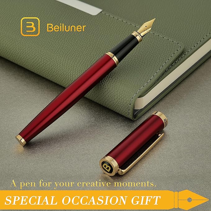 BEILUNER Red Fountain Pen,Stunning Luxury,24K Gilded Nib(Medium),Gorgeous 24K Gold Finish, Ink Converter,Trustworthy Pen Gift for Men&Women-Elegant,Fancy,Executive,Calligraphy, Nice Pens for Writing