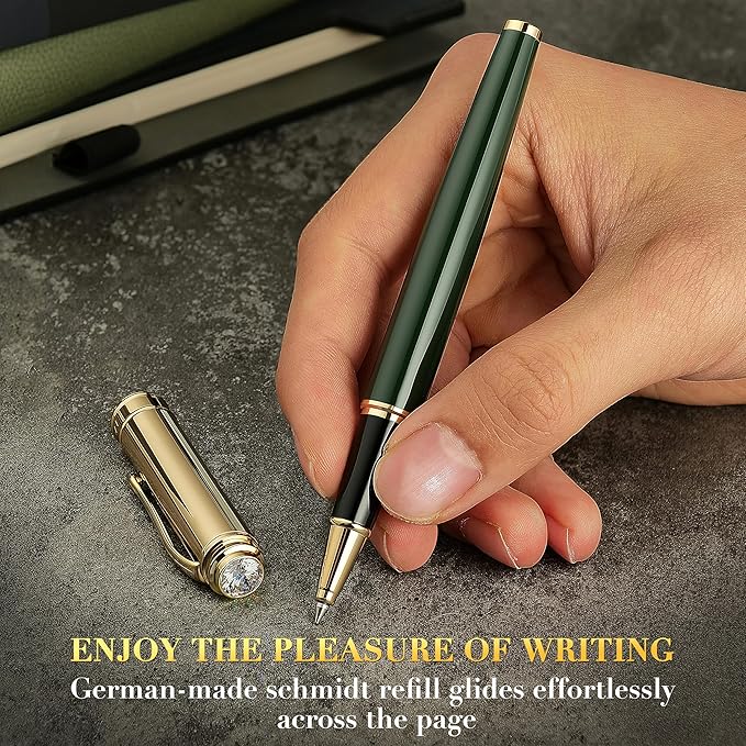 Luxury Rollerball, With 8mm Brilliant diamond,Green Lacquer Pen, Attractive 24K Gold Finish, Schmidt Ink Refill,Glitter Fancy Pens Gifts for Men & Women, Office, Executive, Nice Designer pens