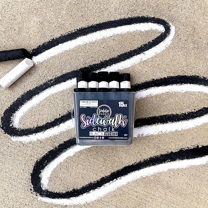 Loddie Doddie Sidewalk Chalk Jumbo Sticks - 15 Count Bucket, 10 Black & 5 White - Non-Toxic Low-Dust Sticks For Kids & Adults - Outdoor Chalk Bucket For Kids Activities