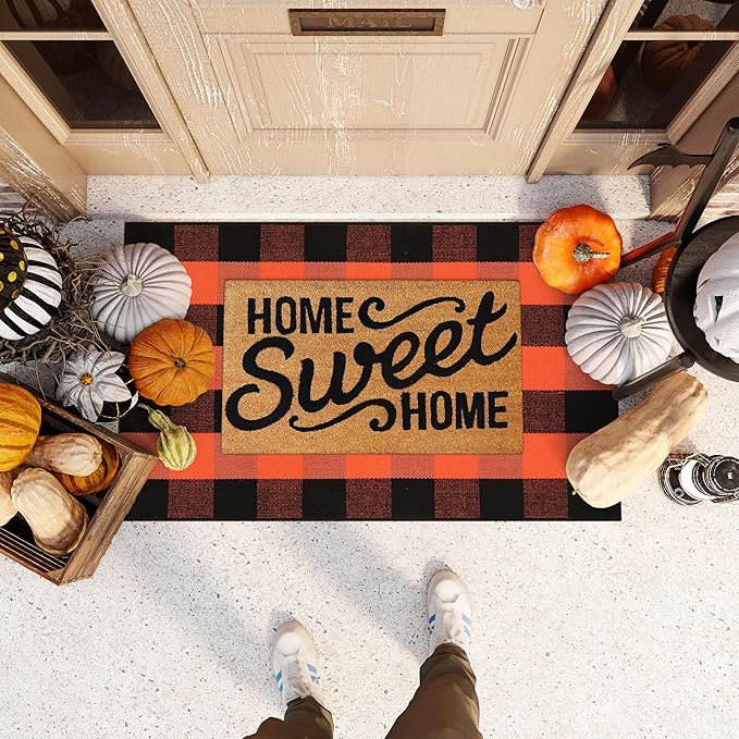KIMODE Buffalo Plaid Fall Outdoor Rug 27.5"x43",Washable Halloween Door Mat,Reversible Front Porch Rug,Checkered Layering Rug for Entryway,Halloween Front Porch Decor,Orange and Black