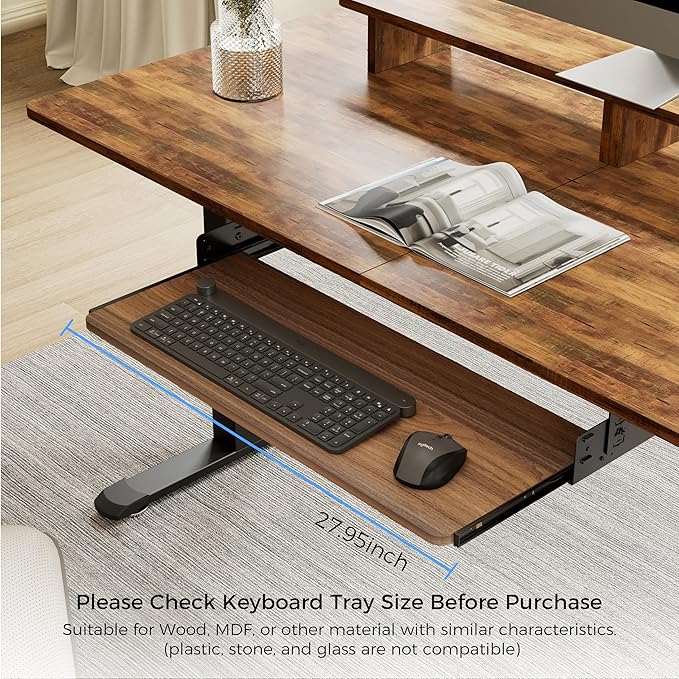 EUREKA ERGONOMIC Adjustable Keyboard Tray Under Desk, 28x11 Inch Large Slide Out Keyboard & Mouse Platform Tray, Wooden Pull Out Computer Keyboard Drawer for Typing Home Office Desk, Walnut