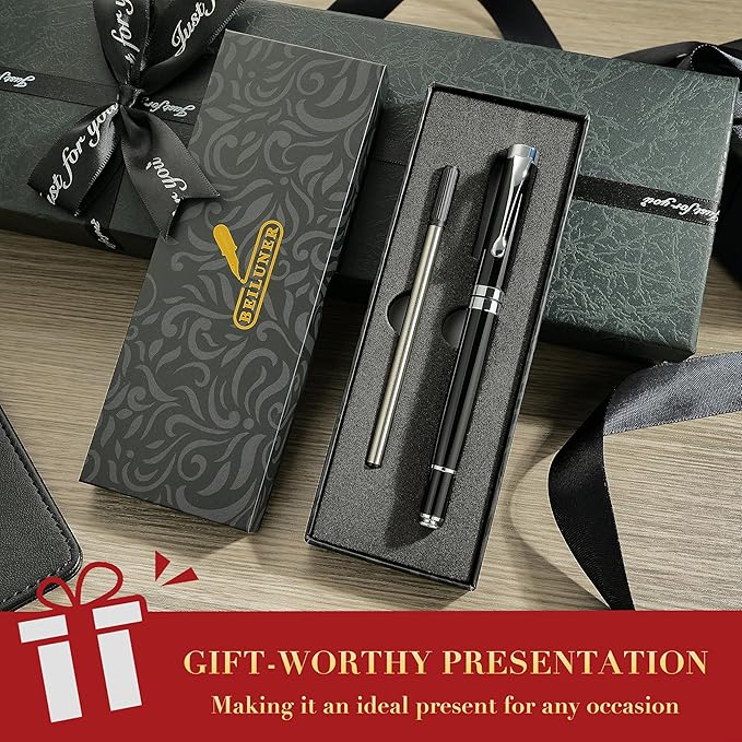 BEILUNER Ballpoint Pens, Stunning Black Chrome Ballpoint Pen with Silver Trim, Best Ball Pen Gift Set for Men & Women, Professional, Executive, Office, Fancy Pen-Gift Box With 0.5mm Extra Black Refill
