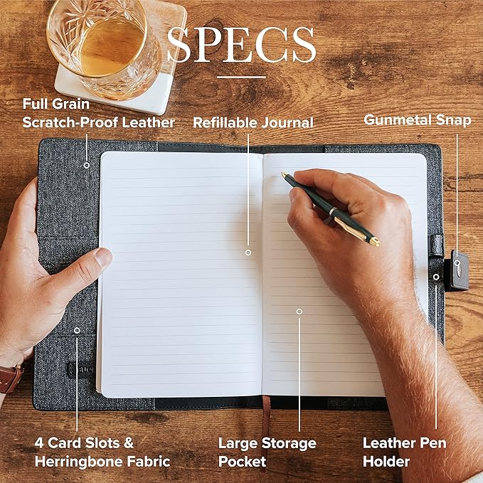 CASE ELEGANCE Black Full Grain Premium Leather Refillable Journal Cover with A5 Lined Notebook - Scratch-Proof DURA-Leather