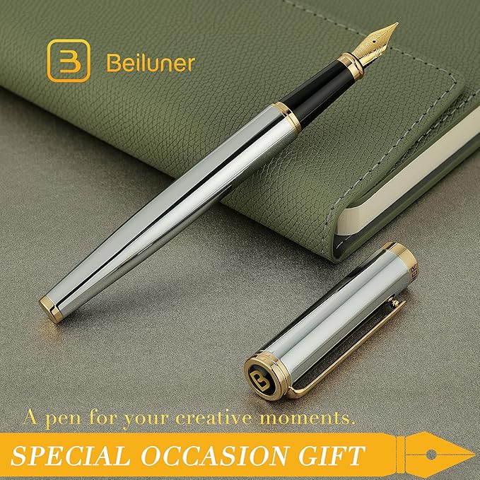 BEILUNER Silver Chrome Fountain Pen,Stunning Luxury Pens with 24K Gold Accents, Gorgeous 24K Gilded Nib(Medium), Ink Converter,Fancy Pen Gift for Men&Women-Elegant, Office, Executive,Nice for Writing